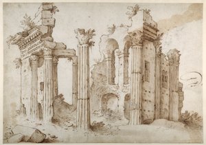 Colúnias de ruínas do Templo de Minerva, Fórum de Nerva, Roma (caneta e tinta marrom com lavagem em papel) de Sebastian Vrancx