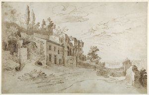 Casas entre as ruínas com uma vista distante de Roma (caneta e tinta com lavagem sobre papel) de Sebastian Vrancx