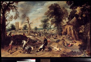 Saques em uma vila Um grupo de cavaleiros saqueou e matou os habitantes de uma vila, o corpo de uma mulher nua jaz no chão, outro é arrastado pelos cabelos. Pintura por Sebastien Vrancx