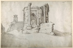 Ruínas do Templo da Sibila de Tiburtine em Tivoli (caneta e tinta marrom com lavagem cinza marrom sobre papel branco) de Sebastian Vrancx