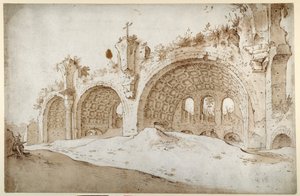 A Basílica de Constantino e Maxentius (caneta e tinta marrom com lavagem marrom sobre papel branco) de Sebastian Vrancx