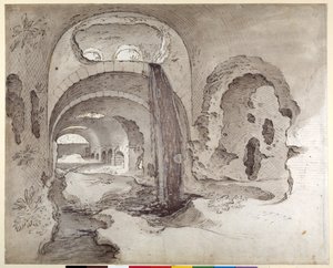 Tivoli, Cryptoporticus sob o Templo de Hércules Victor (caneta e tinta com lavagem em papel) de Sebastian Vrancx