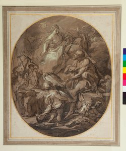 Vénus at the Forge of Vulcan (caneta e tinta castanha e lavagem castanha) de Sebastiano Conca