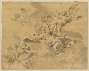 Uma rainha condenada ao inferno por anjos vingadores, c.1676-1746 (caneta, tinta e aguada sobre papel) de Sebastiano Galeotti