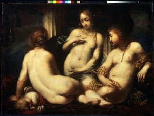 As três Graças. (As Três Graças). Pintura de Sebastiano Mazzoni (1611-1678), cerca de 1650. Arte barroca florentina. Óleo sobre tela. Museu Pushkin de Belas Artes, Moscou