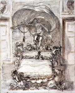 Cama com Cavalos Marinhos e Fortuna (tinta castanha e lavar com giz) de Sebastiano Ricci