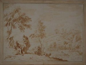 Paisagem Pastoral Extensiva com Hill-town, c.1720 (tinta castanha e lavagem) de Sebastiano Ricci