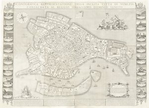 Iconografica Rappresentatione della Inclita Città di Venezia (Representação Iconográfica da Ilustre Cidade de Veneza) de Sebastiano Ricci, Lodovico Ughi, Giovanni Antonio Faldoni for the map, with Francesco Zucchi