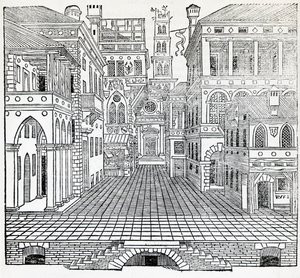 Cena mágica, desenho de cena teatral de Sebastiano Serlio (1475-1554), ilustração do Tratado de Arquitetura, Livro II