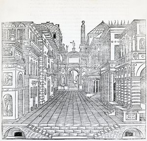 Cena mágica, desenho de cena teatral de Sebastiano Serlio (1475-1554), ilustração do Tratado de Arquitetura, Livro II