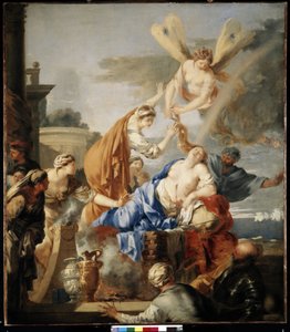 A Morte de Dido" Dido, a Rainha de Cartago, incapaz de suportar o abandono de Enéas, prefere matar-se numa estaca com a espada de Enéas. A deusa Íris corta o cabelo de Dido com uma tesoura, simbolizando a transição da vida para a morte.