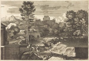 Paisagem com duas figuras numa ponte de Sébastien Bourdon