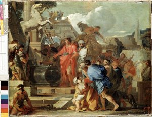 ""O imperador Augusto visita o túmulo de Alexandre o Grande durante sua campanha egípcia"" (Augusto antes do túmulo de Alexandre, o Grande) Pintura de Sebastien Bourdon (1616-1671) 1650-1660 Dom. 45,5 x56,5 cm Museu Hermitage, São Petersburgo