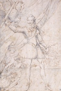 Rei Henrique IV, de corpo inteiro, um troféu dos braços otomanos aos pés, levantando um pergaminho na frente de uma águia (giz preto, caneta e tinta marrom com tinta azul) de Second School of Fountainebleau