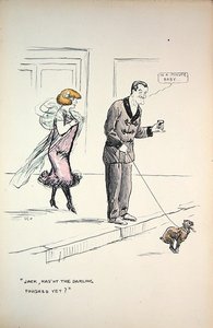 Casal à espera de um cão para terminar o seu negócio, c.1921 (cor litho) de Sem