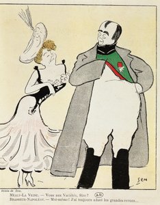 Ator Albert Bresseur 1901 (1862-1932) no papel de Napoleão em Madame Sans-Gene, de Victorien Sardou (1831-1908), caricatura de 1893 (ilustração) de Sem