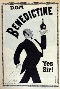 Publicidade para o digestivo "Benedictine" Um rapaz do café usa uma garrafa numa bandeja. Desenho por Sem (1873-1932). 1910 de Sem