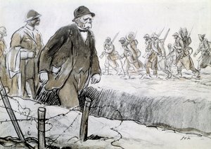 Primeira Guerra Mundial: Retrato de Clemenceau (1841-1929) em um invólucro visitando a frente. Desenho de Georges Goursat dit Sem (1863-1934) de Sem