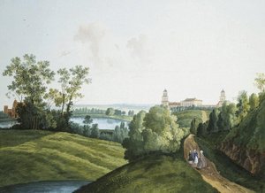 "Paisagem com uma Quinta no Parque em Tsarskoye Selo" por Semyon Fyodorovich Shchedrin (Semion Chtchedrine) (1745-1804). Gouache e tinta sobre papel