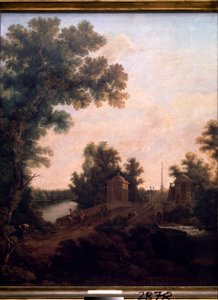 A ponte de pedra no parque do Palácio Gatchina (São Petersburgo). Pintura por Semyon Fyodorovich Shchedrin (Semion Shchedrin) (1745-1804), óleo sobre tela