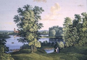 Vista da ilha desde o grande lago do parque no Tsarskoye Selo