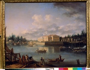 Vista do Palácio Kamennoostrovsky do Cais de Strogonov, São Petersburgo. Pintura por Semyon Fyodorovich Shchedrin (Semion Shchedrin) (1745-1804), óleo sobre tela
