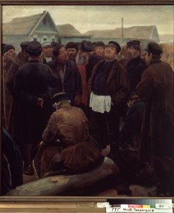 Conheça a comunidade rural. (Na Reunião da Comunidade do País). Grupo de camponeses russos na frente de fazendas. Obra de Sergei Alexeyevich Korovin (1858-1908), óleo sobre papel de Sergei Alexeyevich Korovin
