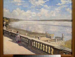 Journee ensoleillee, une femme a la balustrade (Dia de Sol, Uma Senhora na Balaustrada) - Peinture de Sergei Arsenyevich Vinogradov (1869-1938), huile sur toile de Sergei Arsenevich Vinogradov