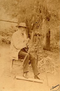 Retrato do poeta Yakov Petrovich Polonsky (Iakov Petrovitch Polonski) (1819-1898) no cavalete. Foto albumina de Sergei Dmitrievich Botkin (1869-1945) de Sergei Dmitrievich Botkin