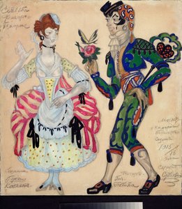 Fantasias preparatórias para a peça de teatro "Le mariage de Figaro" de Pierre Augustin Caron de Beaumarchais (1732-1799) (Desenho de fantasia para a peça de teatro "O Casamento de Figaro por Beaumarchais") - Oeuvre de Sergei Yurievich Sudeykin (Serge Soud