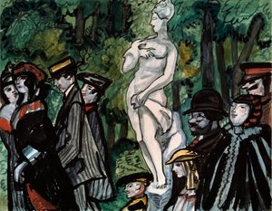 No jardim de verão. (Famílias em suas melhores roupas de domingo em um passeio ao redor de uma estátua em São Petersburgo). Obra de Sergei Yurievich Sudeykin (Serge Soudeikine) (1882-1946), lápis, guache e tinta sobre papel. arte russa de Sergei Yurevich Sudeikin