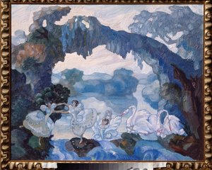 Desenho de palco para o Ballet O Lago dos Cisnes por Tchaikovsky (1840-1893) - Por Sergei Sudeykin (Sergey Sudeikin) (1882-1946), óleo a bordo
