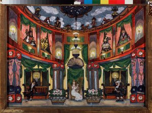 Decoração preparatória para a ópera "Os Contos de Hoffmann" de Jacques Offenbach (1819-1880). Trabalho de Sergei Yurievich Sudeykin (Serge Sudeikin) (1882-1946), aguarela e guache sobre papel