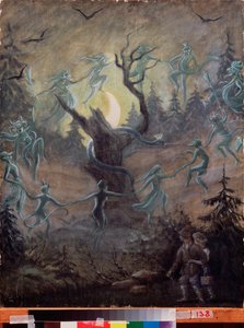 Noite na véspera de Ivan Kupala (folclore russo equivalente ao Dia de São João, no meio do verão) - Pintura de Sergei Yurievich Sudeykin (Serge Soudeikine) (1882-1946), têmpera sobre madeira, arte russa, f
