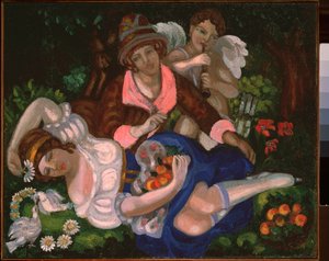 Cena alegórica. (Um casal de namorados, cercado por um casal de pombas e Cupido tocando música). Pintura de Sergei Yurievich Sudeykin (Serge Soudeikine) (1882-1946), óleo sobre tela, cerca de 1910. Arte russa, século XX, art nouveau, modernismo.