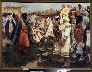 ""Cristianismo e Paganismo"" Cristianização da Ucrânia - Alegoria das duas religiões face a face - Pintura de Sergei Ivanov (1864-1910) 1909 Museu Regional de Arte, Simferopol