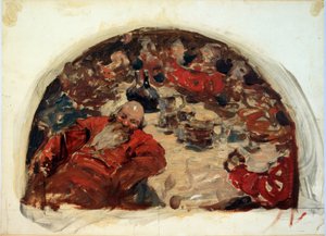 O Tempo dos Problemas. Período da história russa de 1598 a 1613, cena de bebida de homens vestidos com ternos vermelhos. Obra de Sergei Vasilyevich Ivanov (1864-1910), óleo sobre papelão