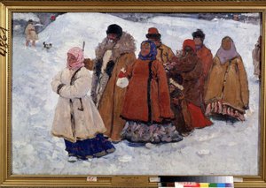 Uma Família. Uma família russa a andar de casaco na neve. Pintura por Sergei Vasilyevich Ivanov (1864-1910), óleo sobre tela