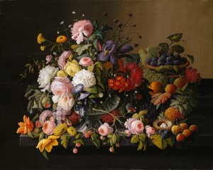 Natureza morta: flores e frutas