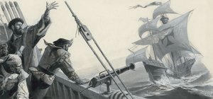 Fernão de Magalhães (1480-1521) sobre a descoberta do Oceano Pacífico (guache sobre papel) de Severino Baraldi