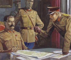 O general Georgi Zhukov discute com Estaline sobre tácticas militares