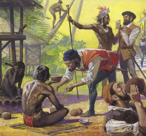 Os homens de Magalhães encontram nativos amigáveis nas Filipinas e trocam alimentos de Severino Baraldi