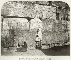 Exterior, de, Haram-Ash-Sharif, detalhe, de, alvenaria, em, lamentar, lugar, c.1864-65, bw, foto