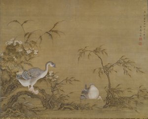 Gansos em uma margem do rio, dinastia Qing de Shen Kai
