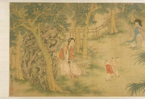 Mulheres e Crianças num Jardim (tinta e cor sobre seda)