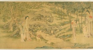 Mulheres e Crianças num Jardim (tinta e cor sobre seda)