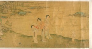 Mulheres e Crianças num Jardim (tinta e cor sobre seda)