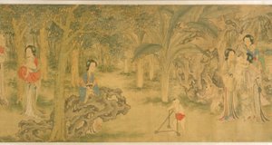 Mulheres e Crianças num Jardim (tinta e cor sobre seda)