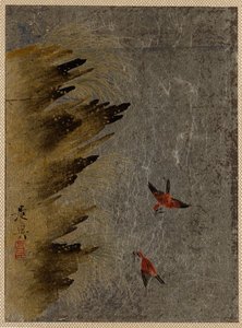 Pássaros e rochas salientes. de Shibata Zeshin