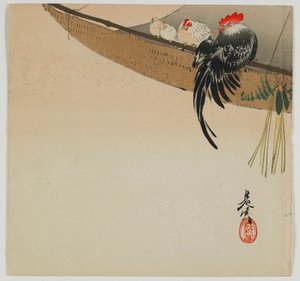 Galinhas, empoleirar-se em uma vela, era Meiji, final do século XIX (impressão em xilogravura de cor)